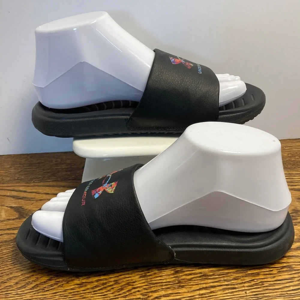 Under Armour Ansa Fix Black Multi Color Logo Slide Sandals 4Y 3024439-002
